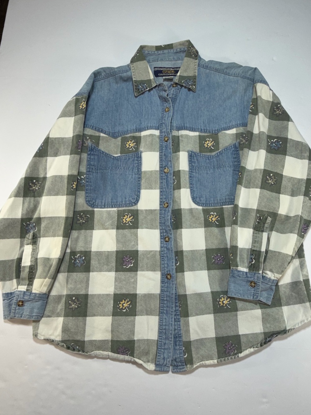 Vintage 90s PCC Patchwork Denim Gingham Plaid Embroidered Shirt M